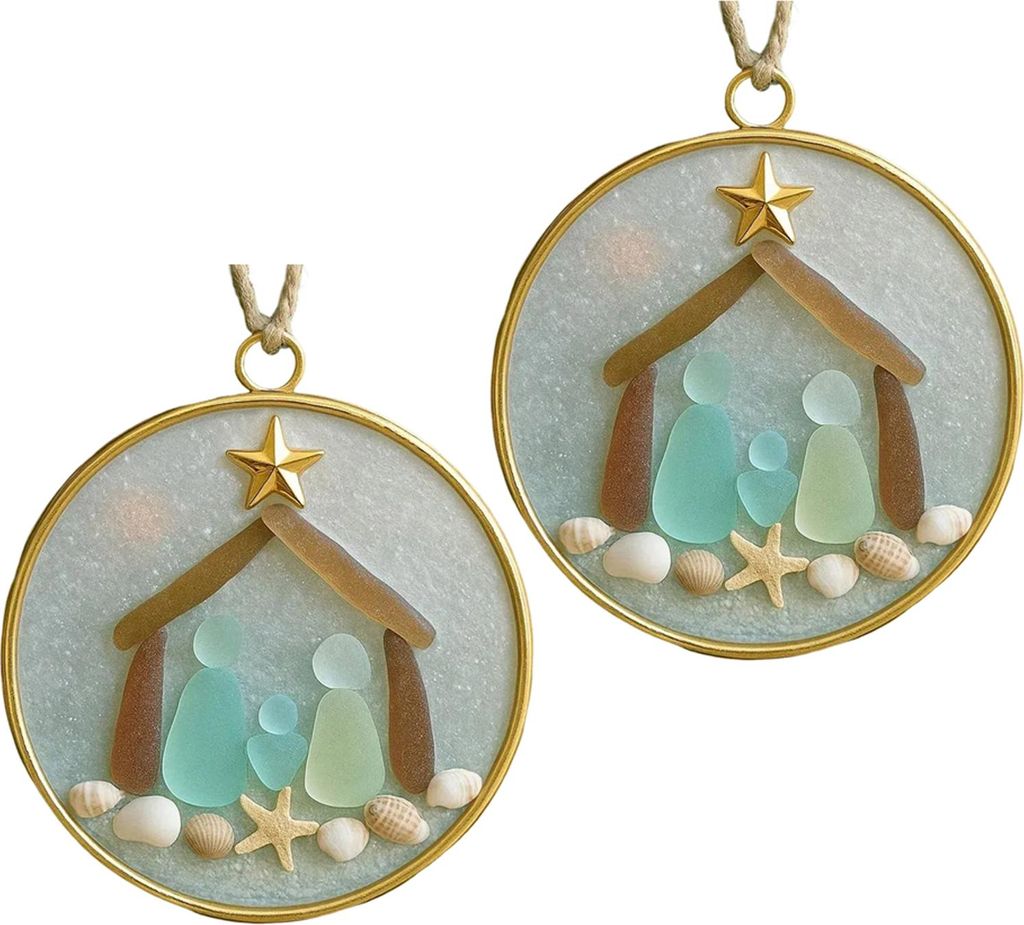 Weihnachtskrippe aus Seeglas, Strand-inspiriertes Hängeornament, Krippe, Weihnachtsbaumschmuck für den Weihnachtsbaum, Küsten-Wohndekoration