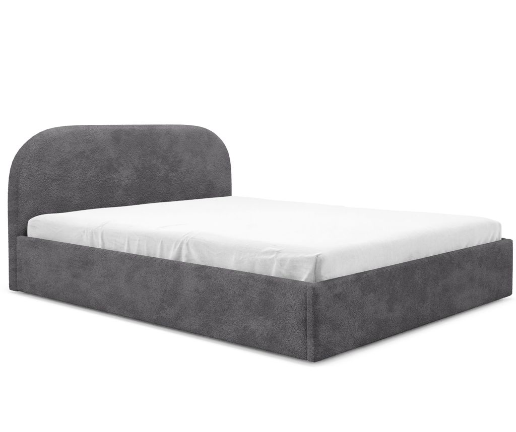 A gray upholstered bed frame with a white mattress on a white background.