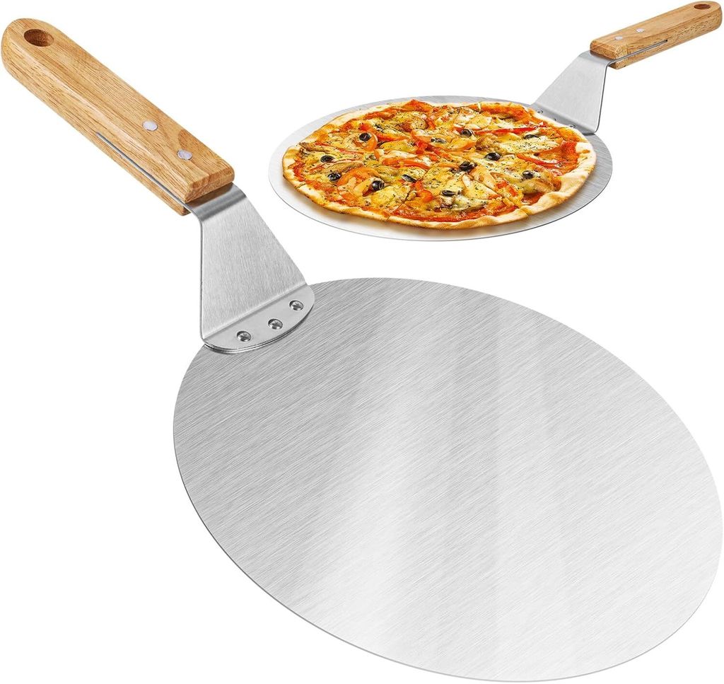 Generisch Pizzaschaufel aus rostfreiem Edelstahl Pizza- und Kuchenheber mit Holzgriff,Rund, 25,5x25,5 cm/10 Zoll,Flammkuchen und Brot