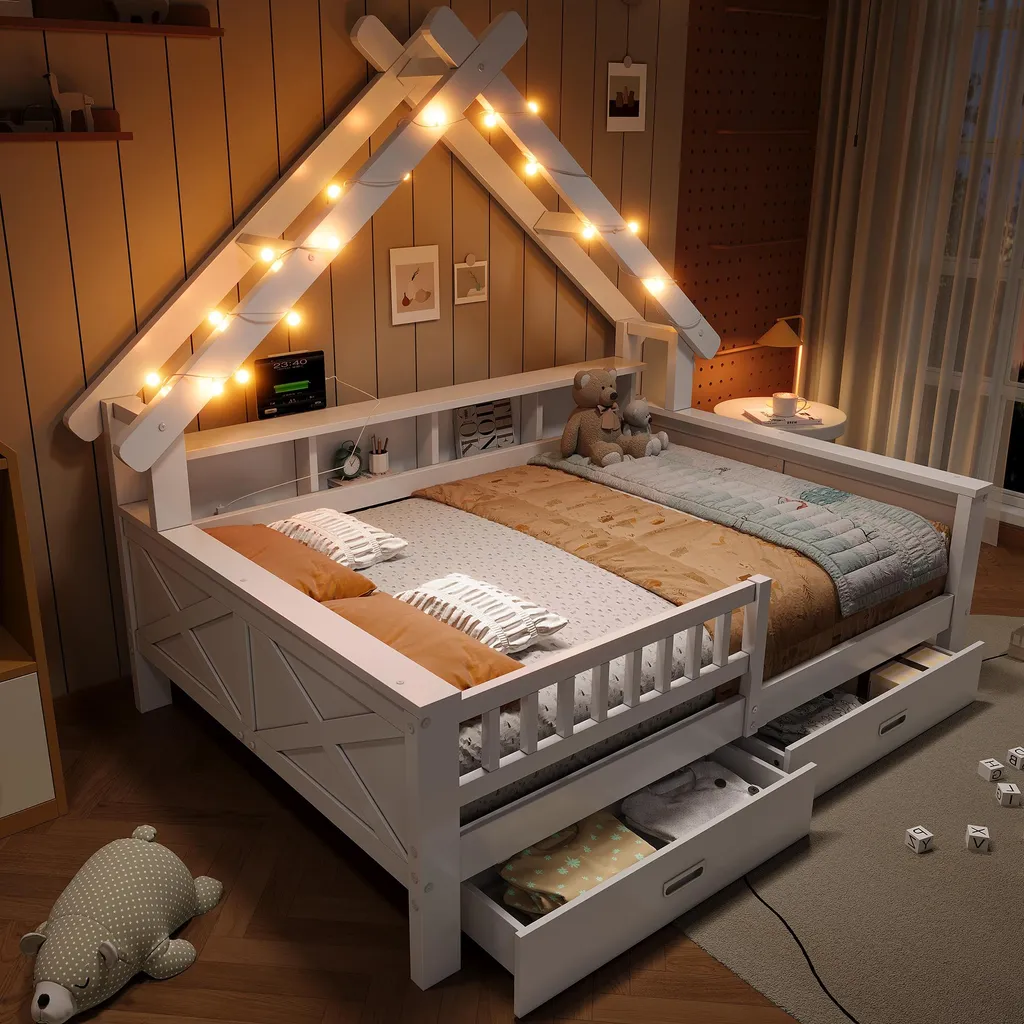 Lit Maison 140x200 cm Blanc avec Rangement et USB : Fini le Désordre