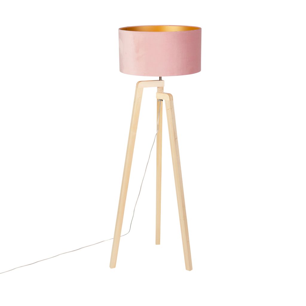 QAZQA - Modern Stehleuchte I Stehlampe I Standleuchte I Lampe I Leuchte Stativ Holz mit rosa Veloursschirm 50 cm - Puros I Wohnzimmer I Schlafzimme...