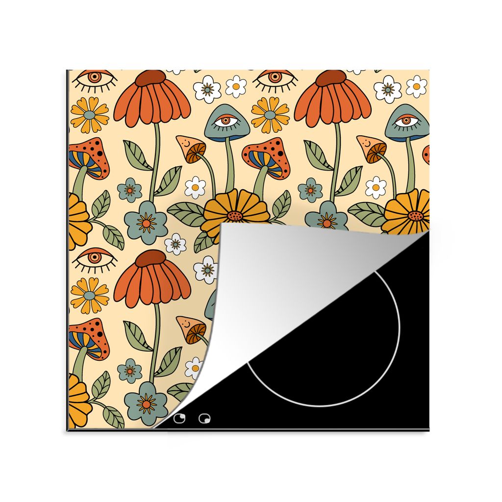 KitchenYeah Herdabdeckplatte Muster - Vintage - Blumen - Augen , 78x78cm, Küche Deko, Glaskeramikkochfeld Herdabdeckung, Abdeckplatte fùr Kochfeld