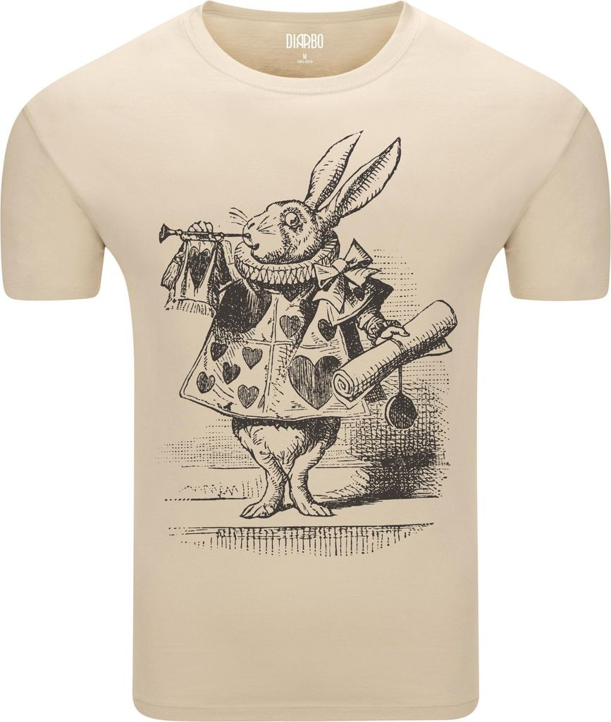 Diarbo Herren T-Shirt mit Alice im Wunderland Druck Weißes Kaninchen Beige Gr.M