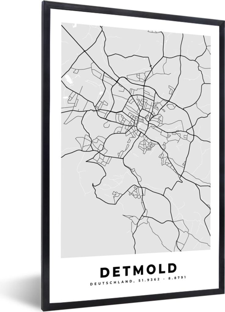 MuchoWow Gerahmtes Poster Deutschland - Karte - Detmold - Karte - Stadtplan 20x30 cm - Poster mit Schwarzem Bilderrahmen Wandposter Rahmen Foto B...