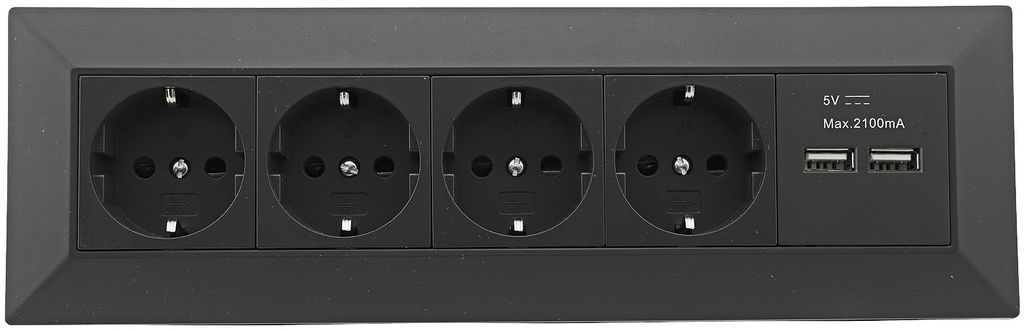 4-fach Steckdosenblock + 2x USB, schwarz Produktbild 2