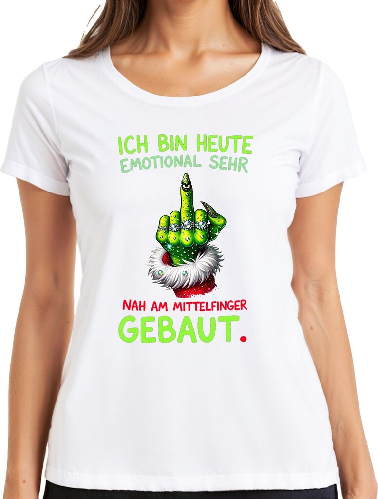 ICH BIN HEUTE EMOTIONAL NAH AM MITTELFINGER Grinch Weihnachten Damen T-Shirt, Weiß, 3XL