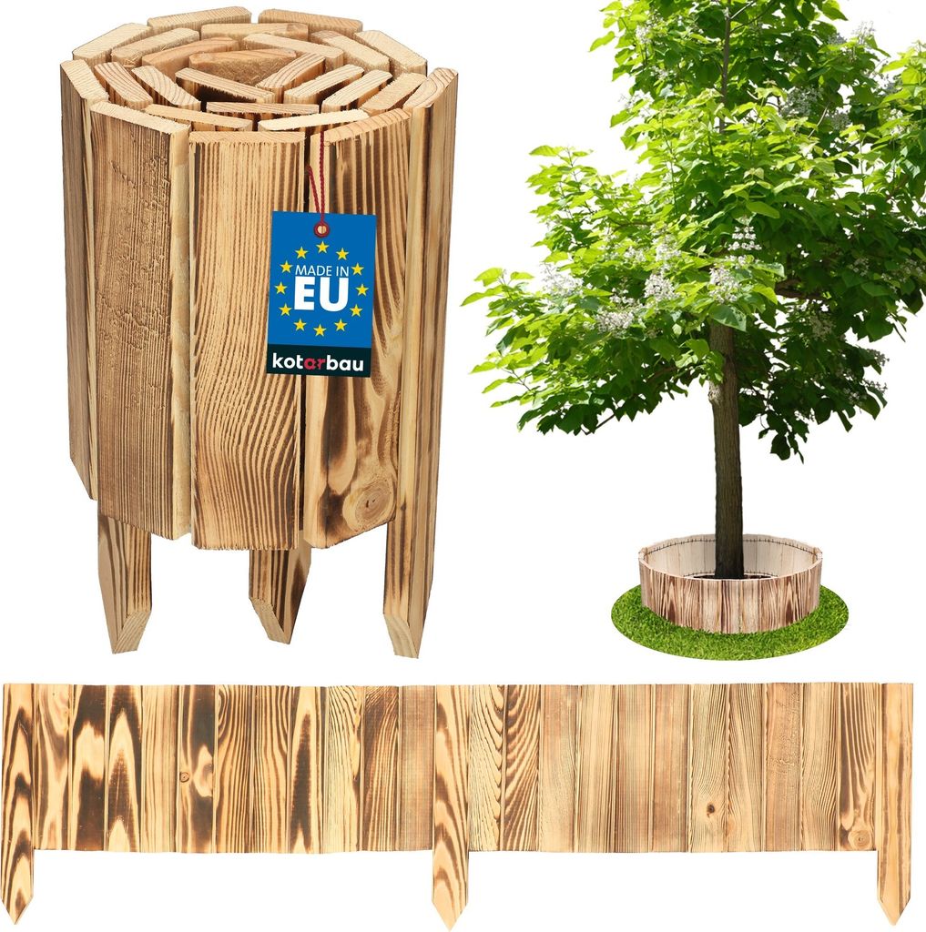 A collection of wooden garden border products, including a planter and a fence segment, with a tree in the background.