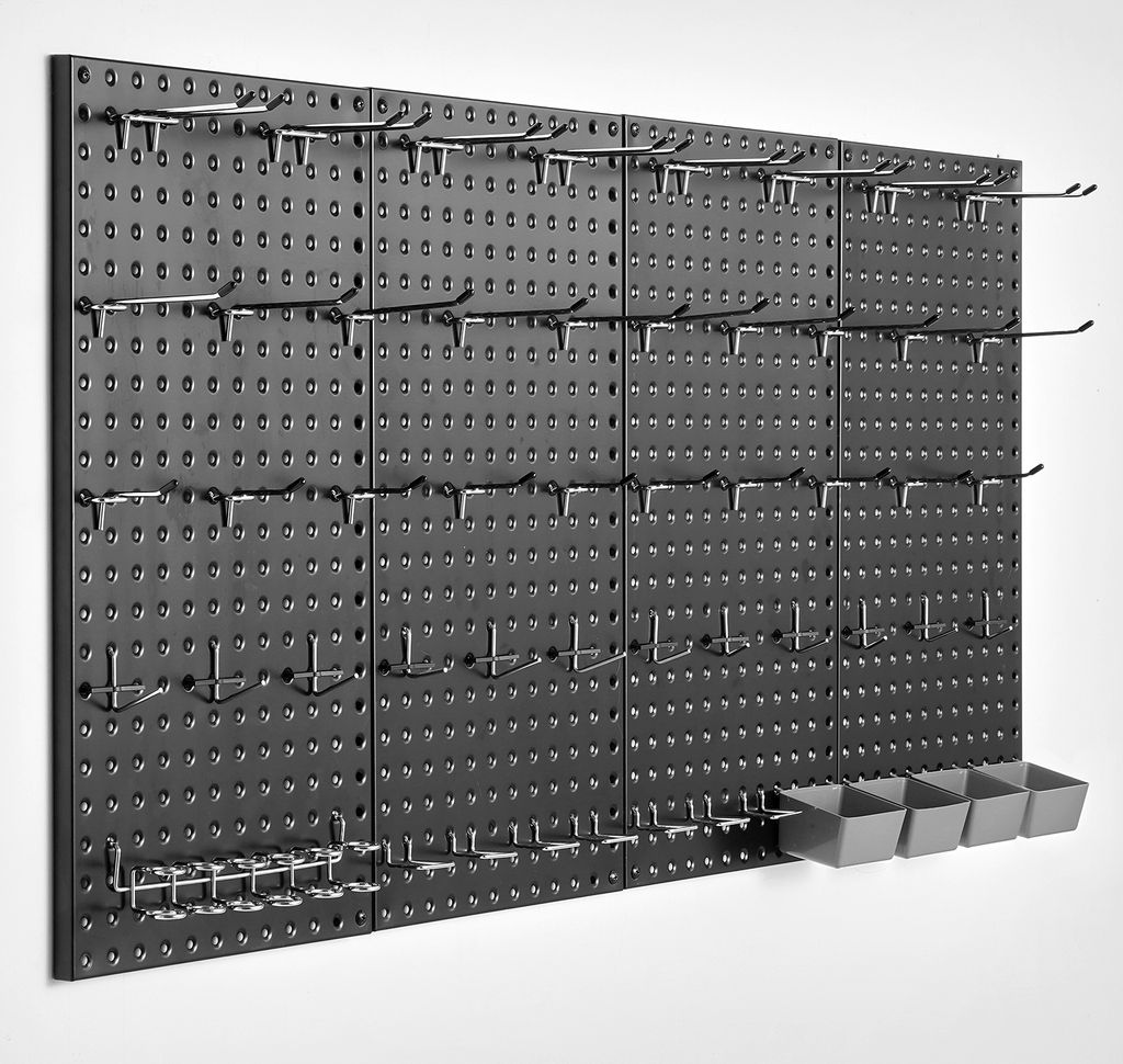 A black pegboard organizer with various hooks and small gray bins attached, displayed against a white background.
