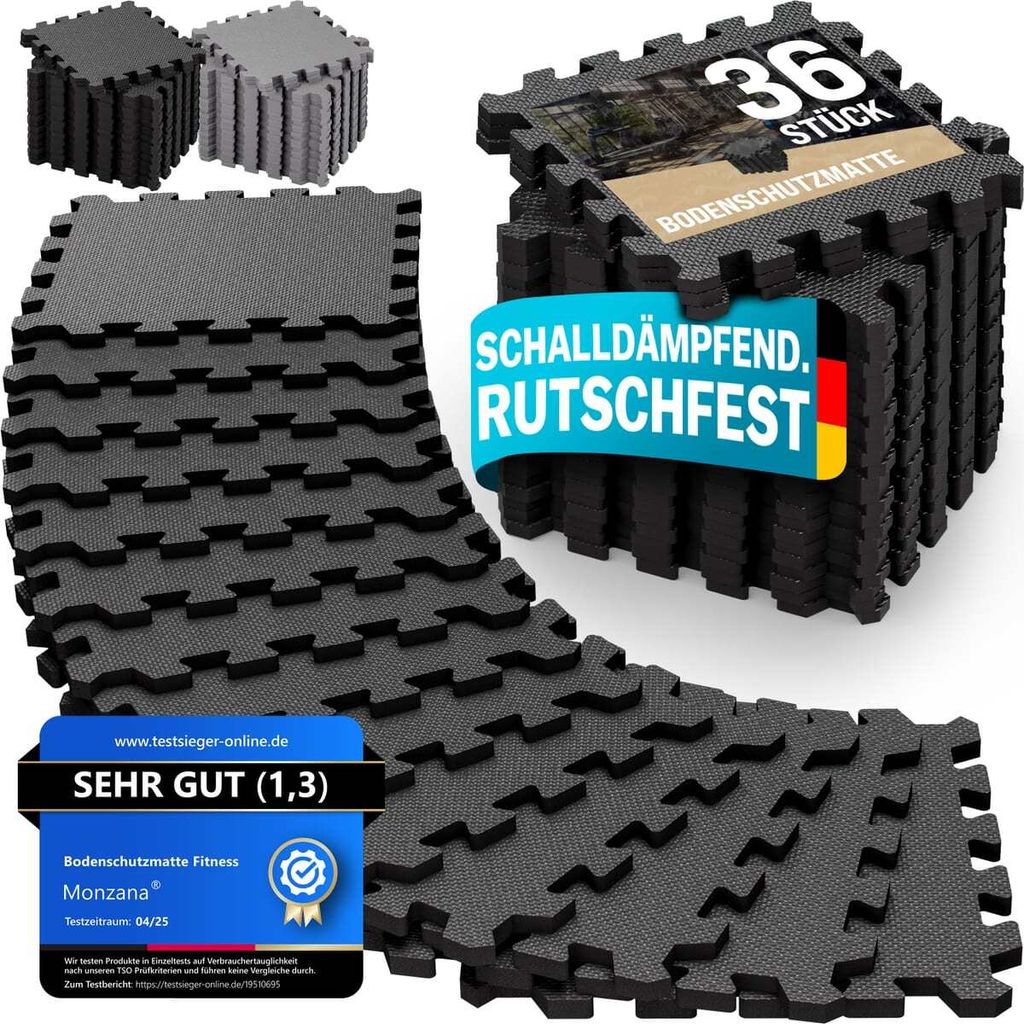 MONZANA 36x Bodenschutzmatten Fitness & Pool mit Randstücken 30 x 30 cm 3 qm Rutschfest EVA-Schaumstoff Puzzlematte Trainingsmatten Fitnessgeräte