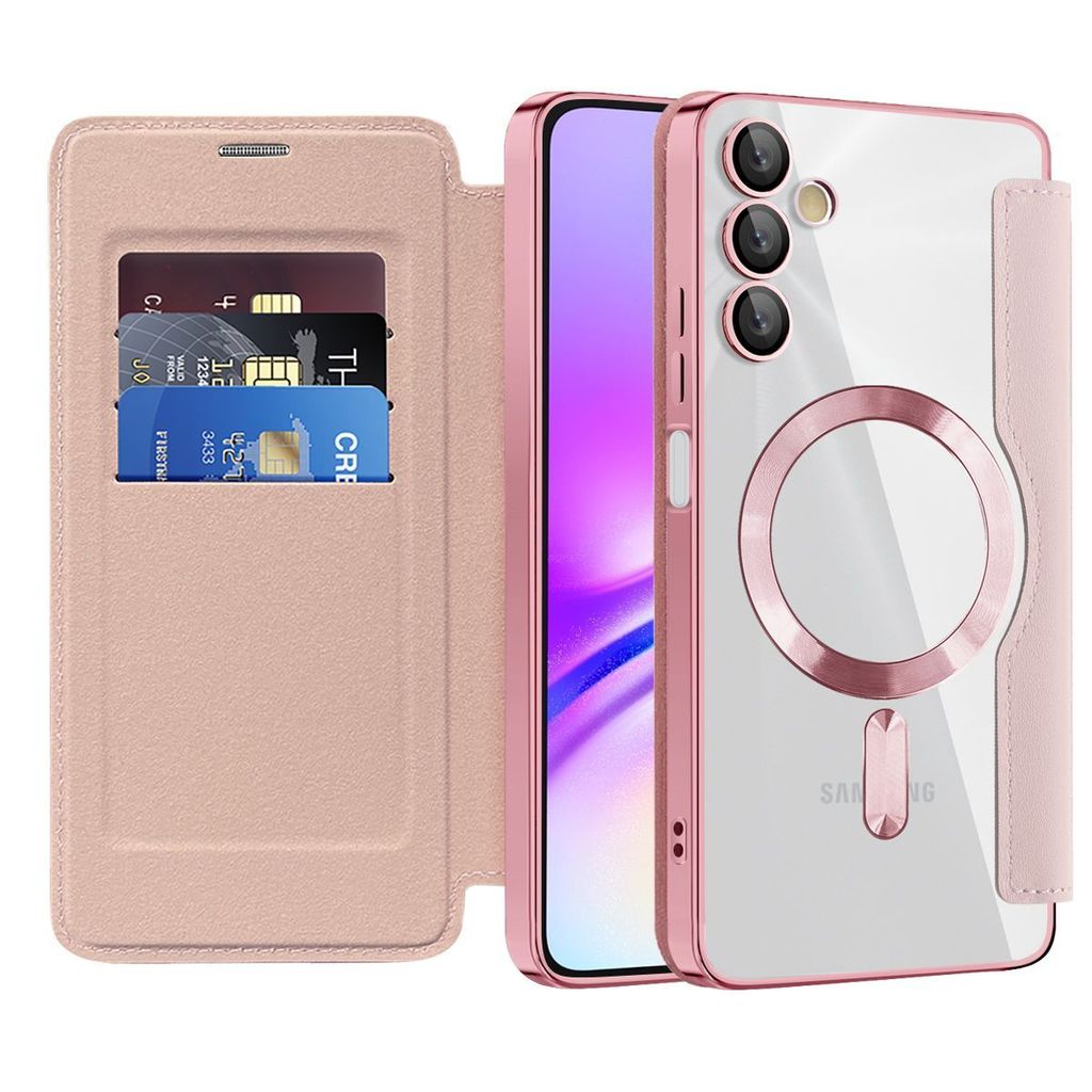 A pink flip case with card slots and a clear back for a Samsung Galaxy phone, shown open next to the phone.