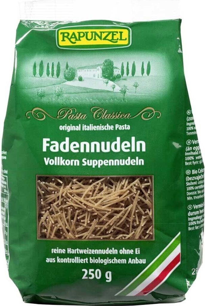 A bag of Rapunzel Faden Suppennudeln Vollkorn pasta.