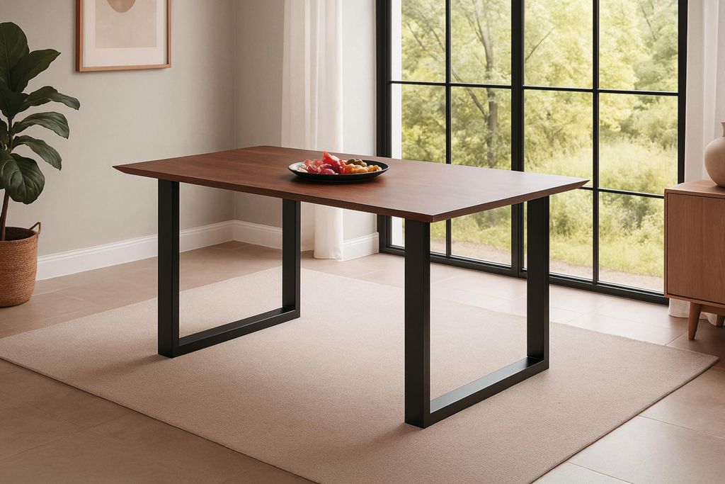 Esszimmertisch Rita | 140 x 80 cm | Akazienholz massiv | Kastanienfarbig | Schweizer Kante | U-Gestell Metall Schwarz | pflegeleichter Esstisch/Hol...
