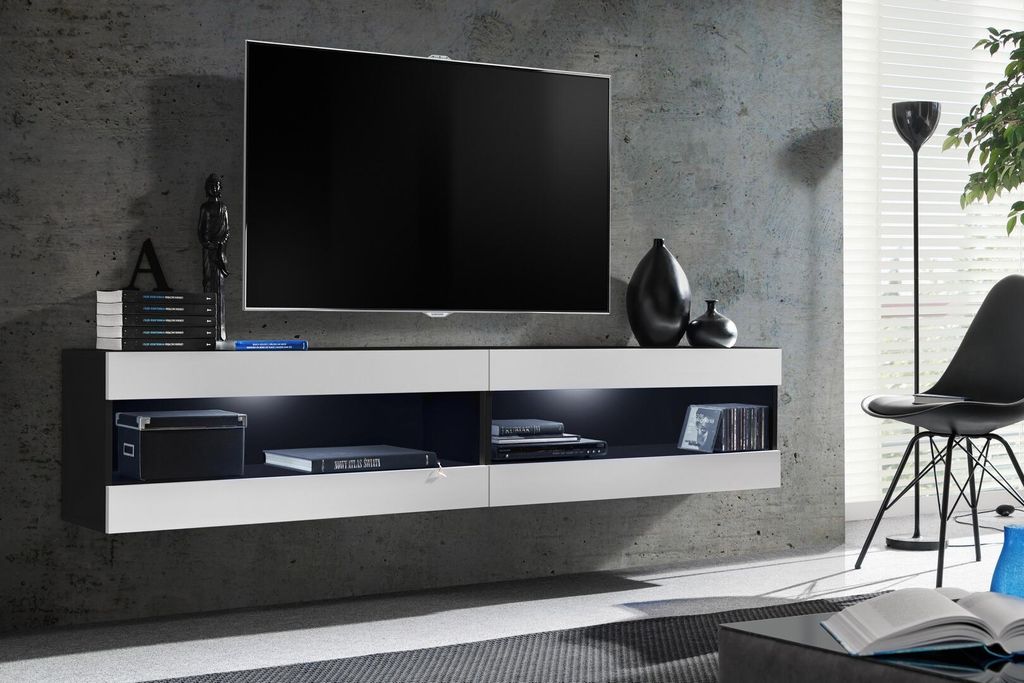 Komodee, Set, Möbel, Tivoli SET4, Schwarz/Weiß, Breite 200cm x Höhe 41cm x Tiefe 35cm, LED Blau, für Wohnzimmer, Schlafzimmer