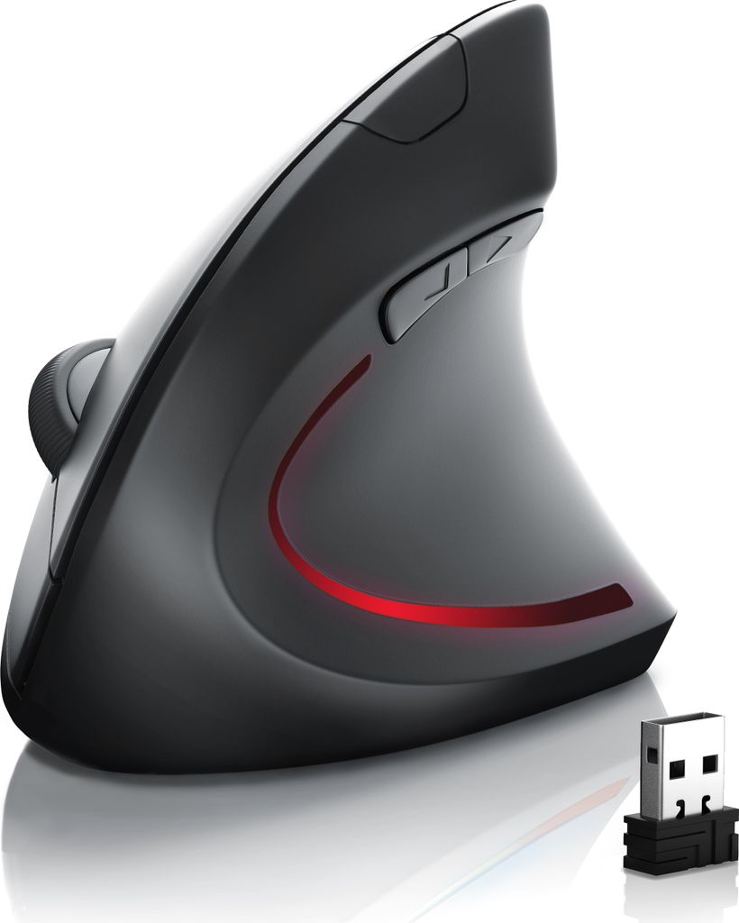 A studio shot of a black ergonomic vertical mouse with a red LED accent and a USB receiver.