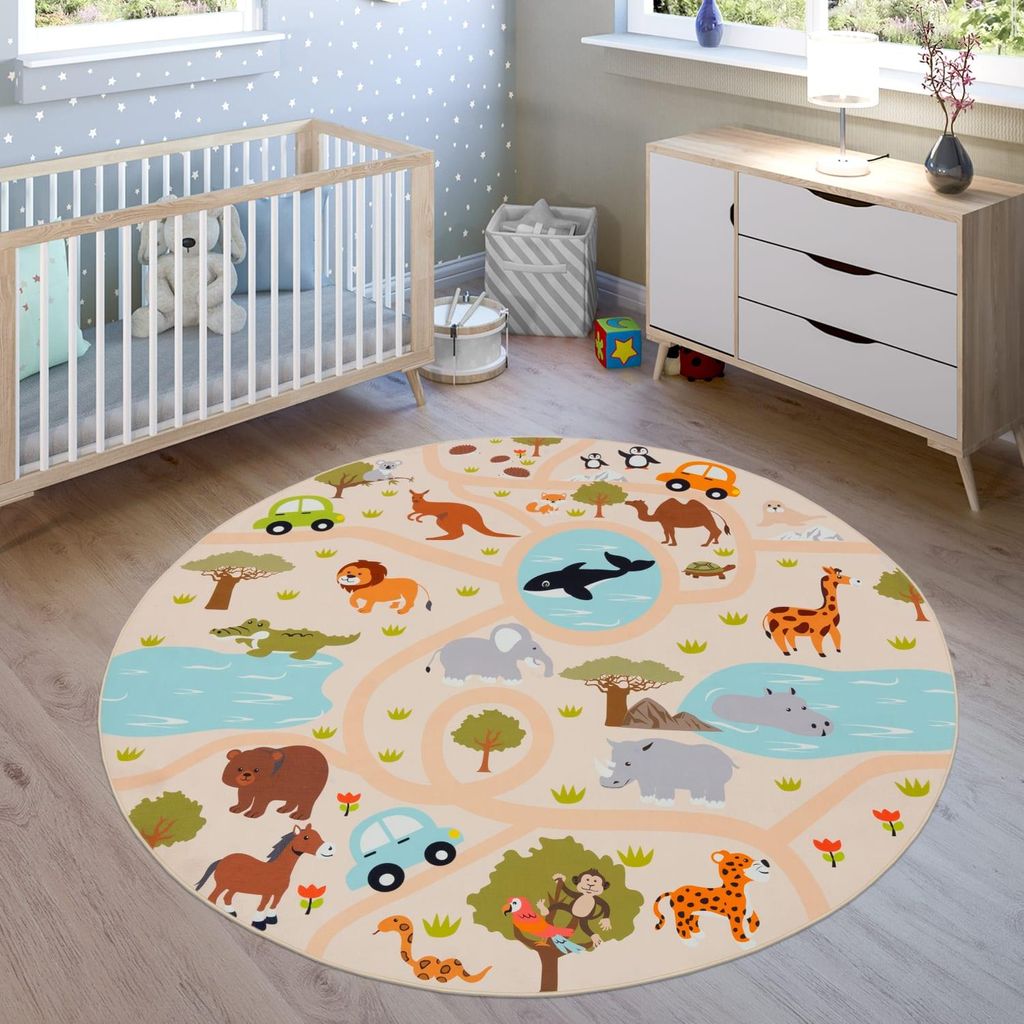 Kinderteppich waschmaschinenwaschbar Safari‐Straßen‐Muster Kinderzimmer schmutzabweisend Mehrfarbig Rund 160D | 100% Polyester | pflegeleicht