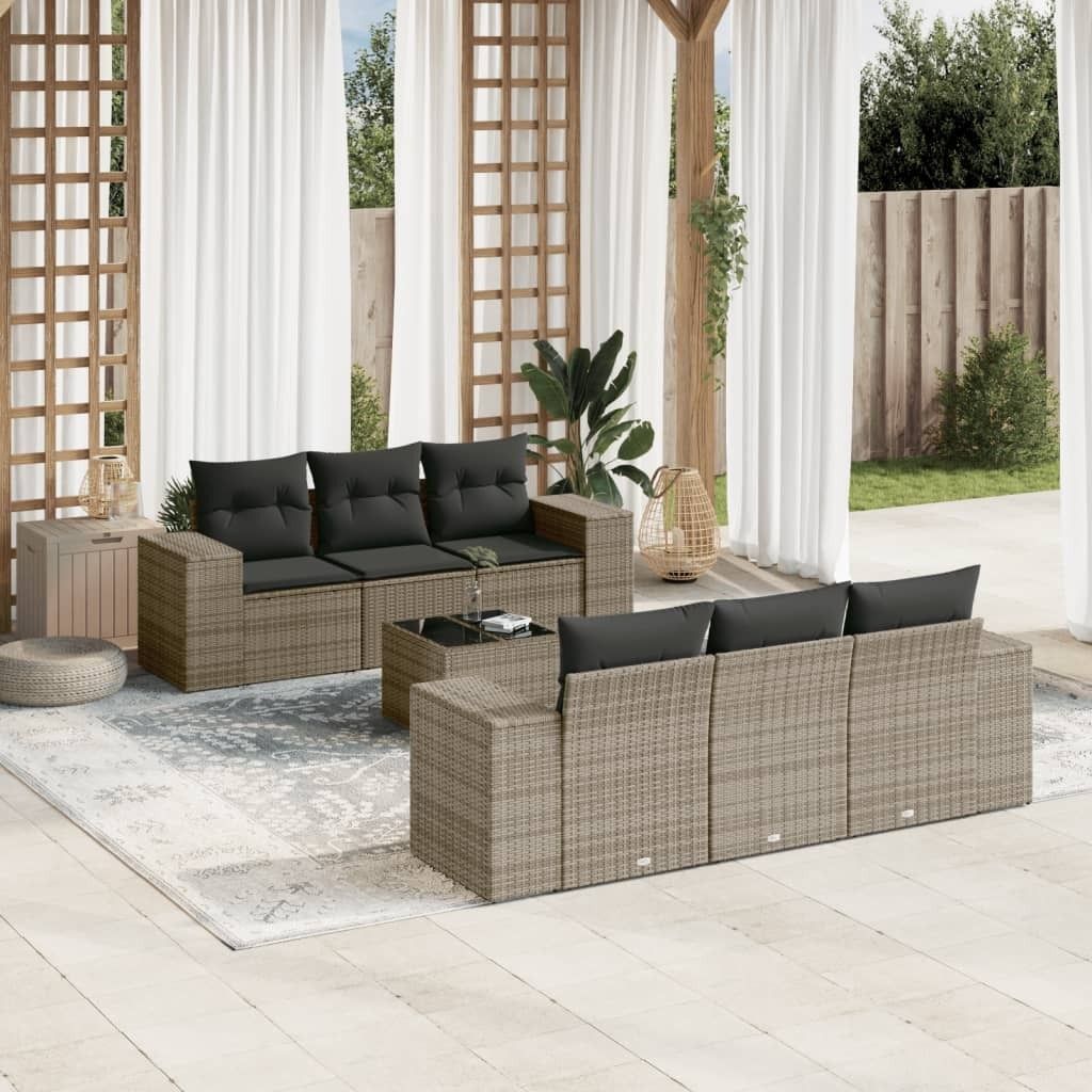 7-tlg. Garten-Sofagarnitur - mit Kissen Grau Poly Rattan - Sitzgruppe 3222309