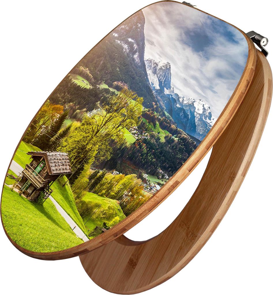 banjado Design WC Sitz Bambus 44x38x5cm - Berchtesgadener Land - Toilettendeckel/Toilettensitz Bambus - hochwertiger Bambus Klodeckel/WC-Sitz mit U...