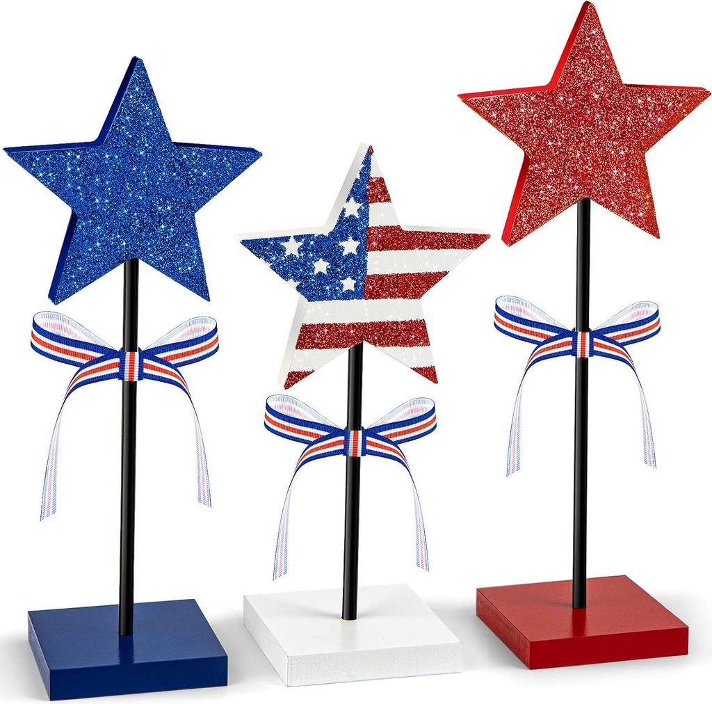3-teiliges Tischdekorationsset aus Holz mit Sternen zum 4. Juli, patriotische Etagere, rustikale Tischdekoration zum Gedenktag, rot-wei?-blaue Deko...