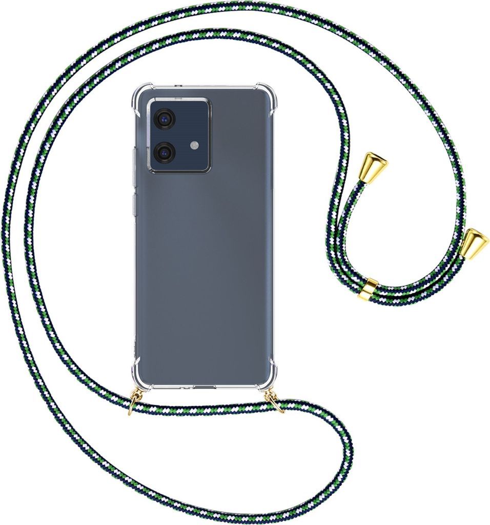 Handykette Backcover-Schutzhülle mit Band (Metall goldfarben) für Motorola Edge 40 Neo (XT2307-1, 6.55'') - grün/blau/weiß