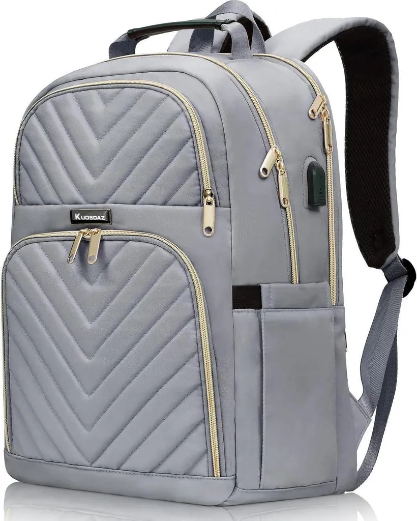 Grand Sac à Dos Ordinateur pour Femme Imperméable en Tissu Gris Scolaire