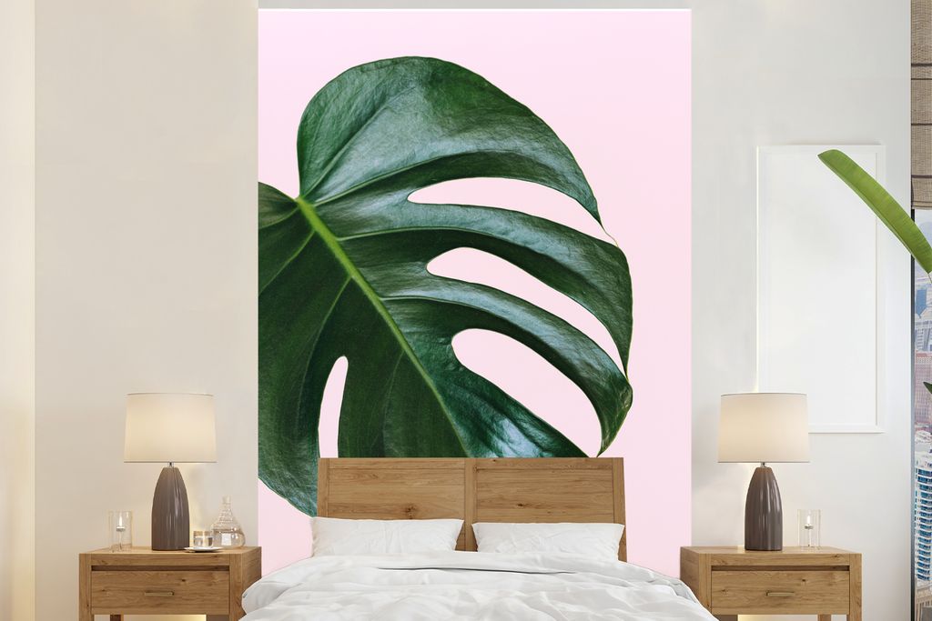 MuchoWow Fototapete für Wohnzimmer oder Schlafzimmer Wandtapete Vinyl Motivtapete Monsterblatt mit rosa Hintergrund - 200x300 cm - Wanddekorationen