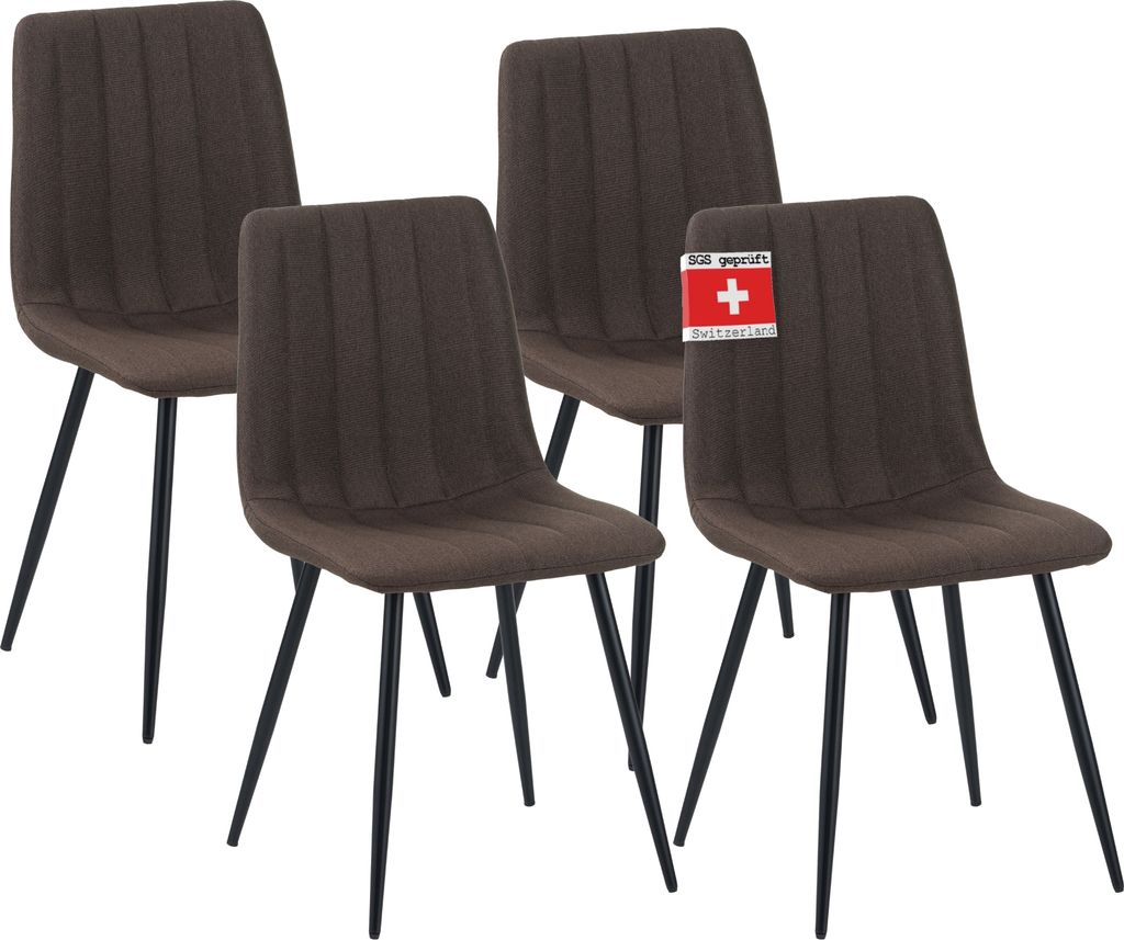 Four brown dining chairs with black metal legs are shown against a white background.
