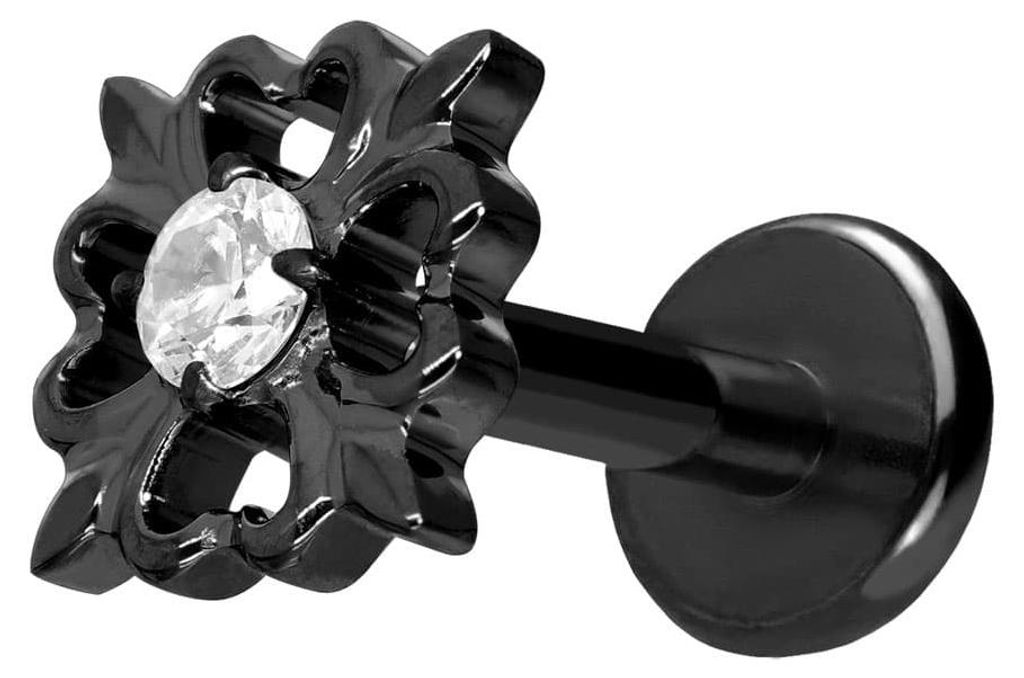 Ohrpiercing, Nasenpiercing Titan Labret mit Push Fit KLEEBLATT Schwarz Stablänge: 7mm | Stabstärke: 1,2mm