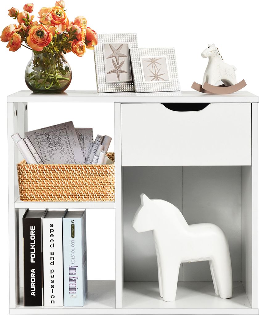 COSTWAY Beistelltisch mit Ablage und Stauraum, Bücherregal Weiß, Couchtisch Nachttisch Holz, Sofatisch für Wohnzimmer, Schlafzimmer 60x30x52cm