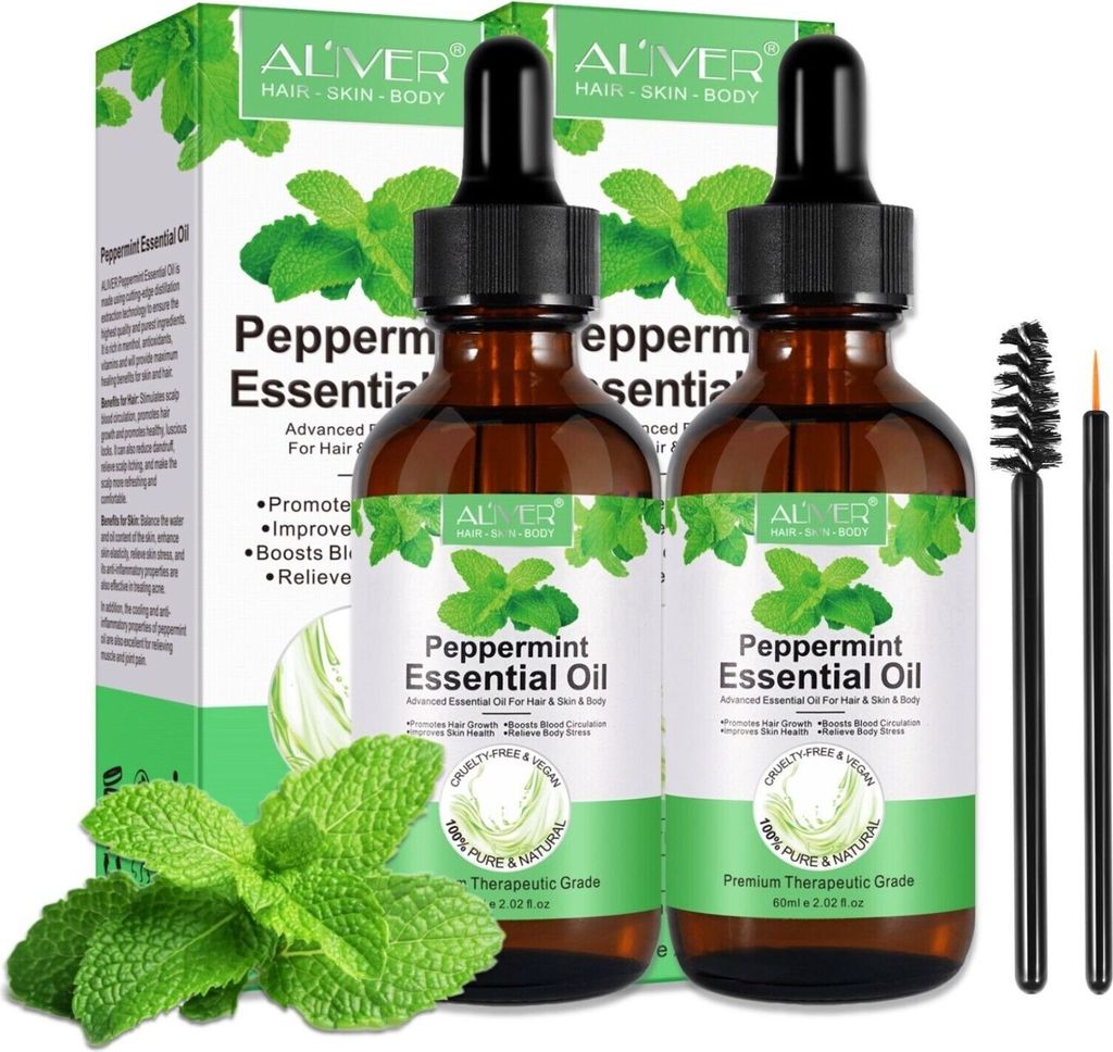 Pfefferminzöl Ätherisches Öl Haaröl Hautöl Massageöl Aromaöl 100% rein Bio Vegan, 2x 60ml