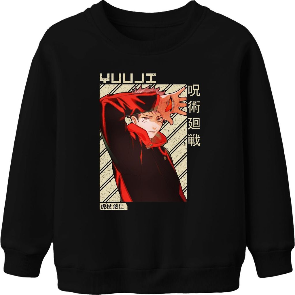 Yuji Itadori Jujutsu Kaisen Anime Fan Geschenk Rot Vintage Uni Kinder Sweatshirt Pullover, Schwarz, 116