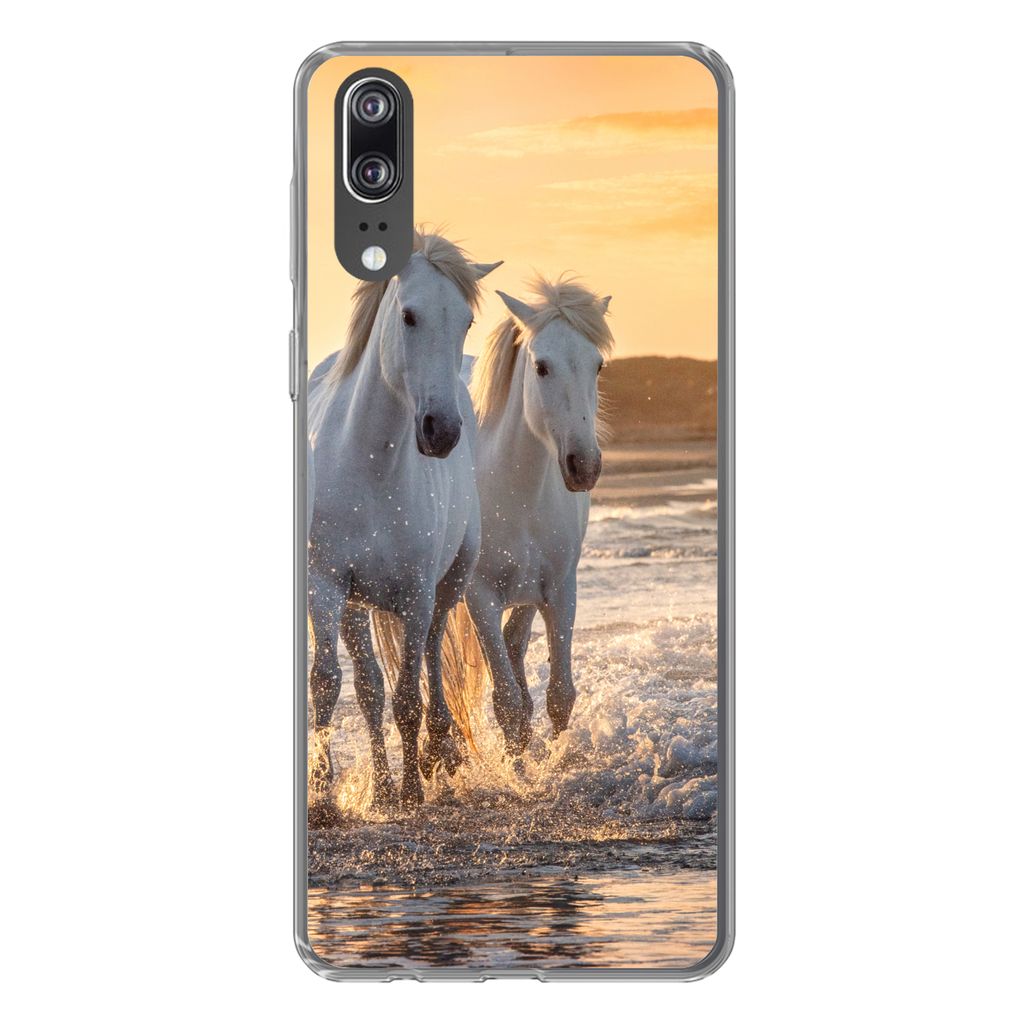 MuchoWow Handyhülle Schutzhülle Hülle für Huawei P20 Pferde - Wasser - Strand - Tiere Silikon Softcase Handy Hülle - Hardcover