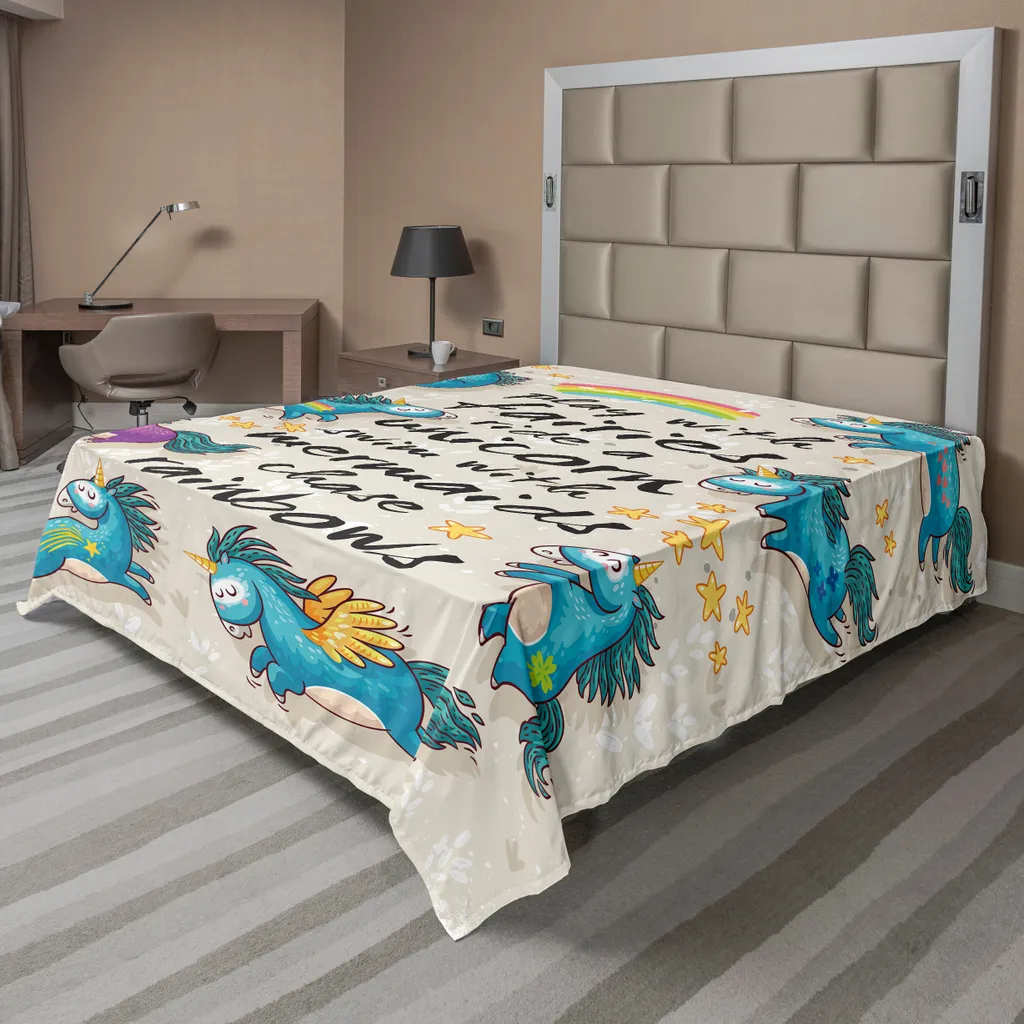 ABAKUHAUS Drap Plat Licorne Arc-en-Ciel 266x260 cm Beige et Bleu Sarcelle