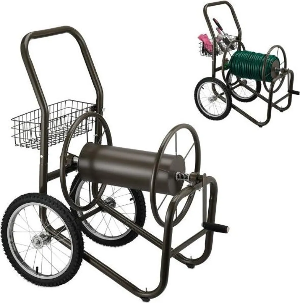 Chariot porte-tuyau marron spécial grand jardin avec panier pratique