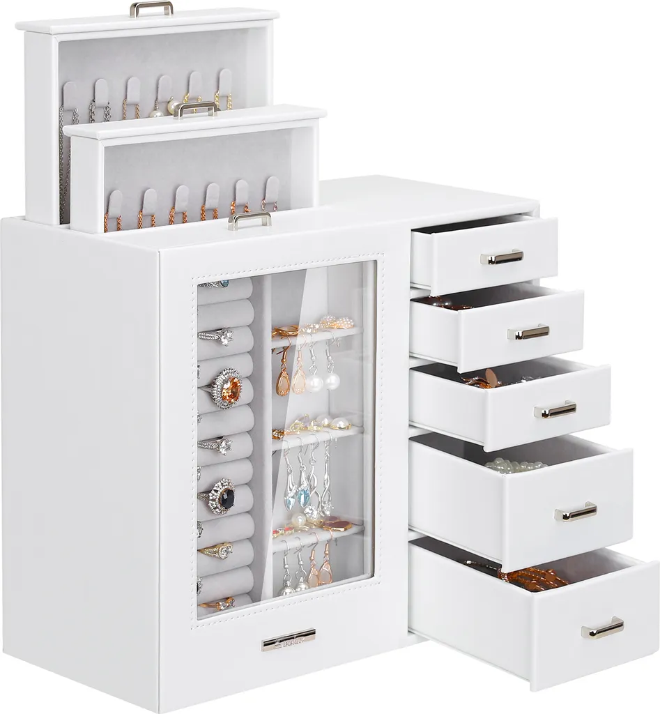 Boîte à Bijoux 8 Tiroirs avec Vitre de Présentation - Rangement Grande Capacité