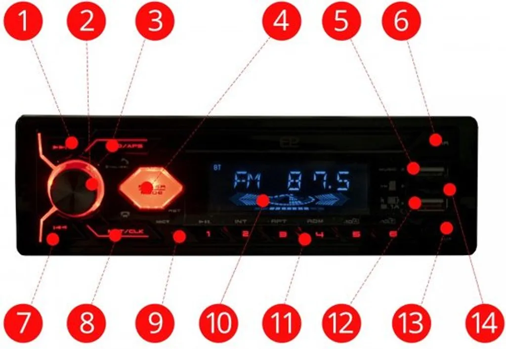 Autoradio Bluetooth USB SD Einparts avec éclairage LED rouge dynamique - 12