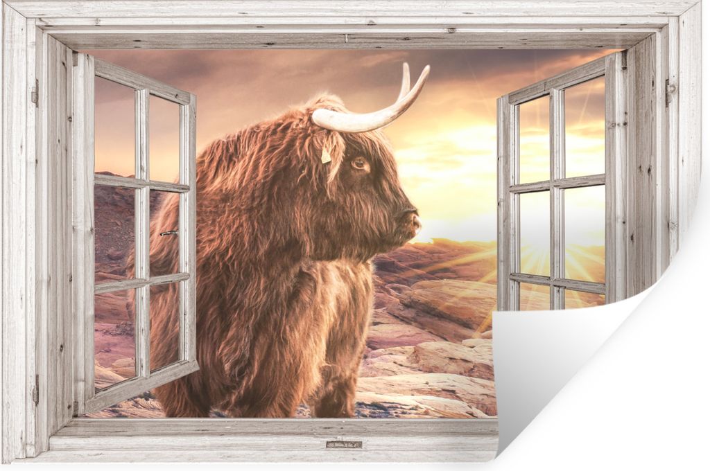 MuchoWow Wandtattoo Wandsticker Wandaufkleber Schottischer Highlander - Aussicht - Sonnenuntergang 60x40 cm Selbstklebend und Repositionierbar - ...