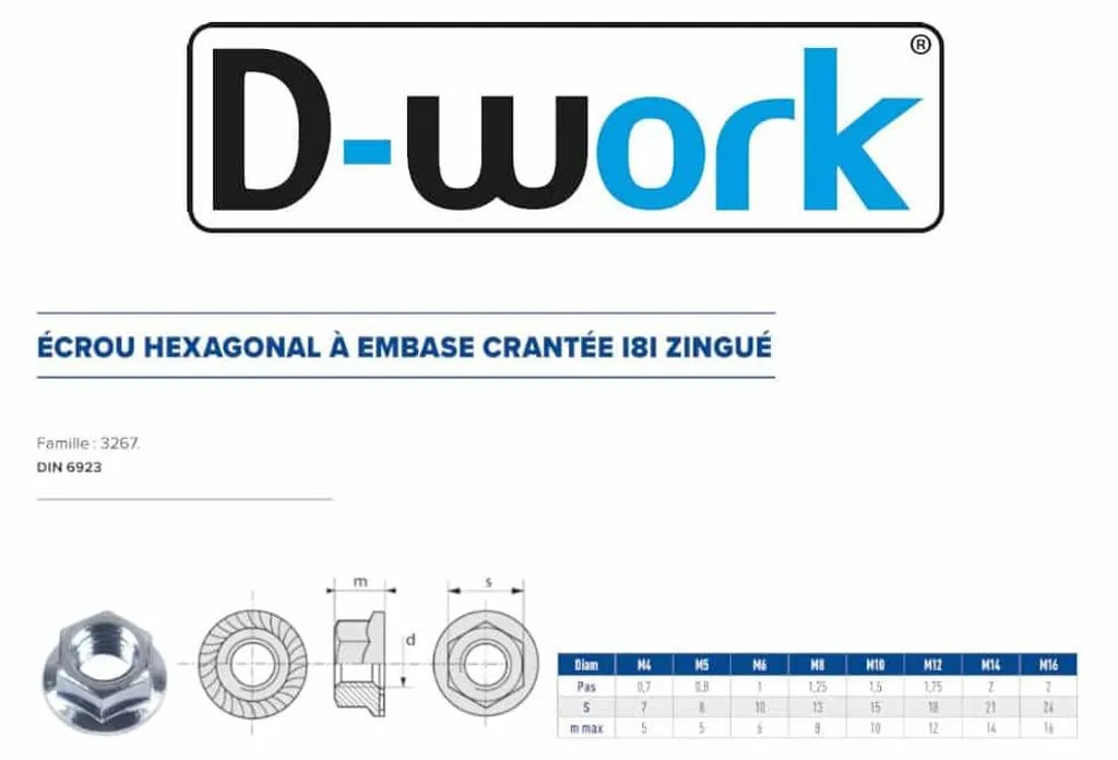 Écrou Autobloquant M16 à Embase Crantée DIN 6923 Zingué Blanc D-Work - 2
