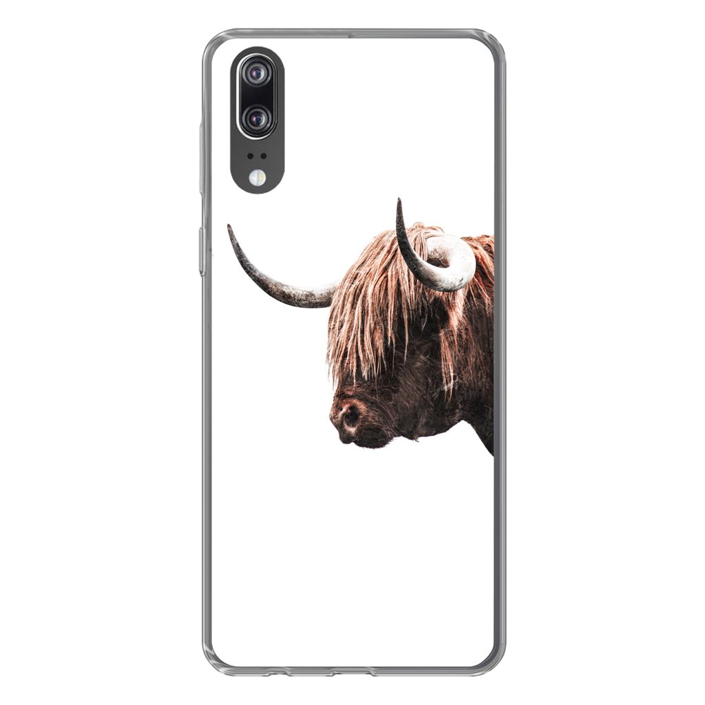 MuchoWow Handyhülle Schutzhülle Hülle für Huawei P20 Schottischer Highlander - Hoorn - Porträt Silikon Softcase Handy Hülle - Hardcover