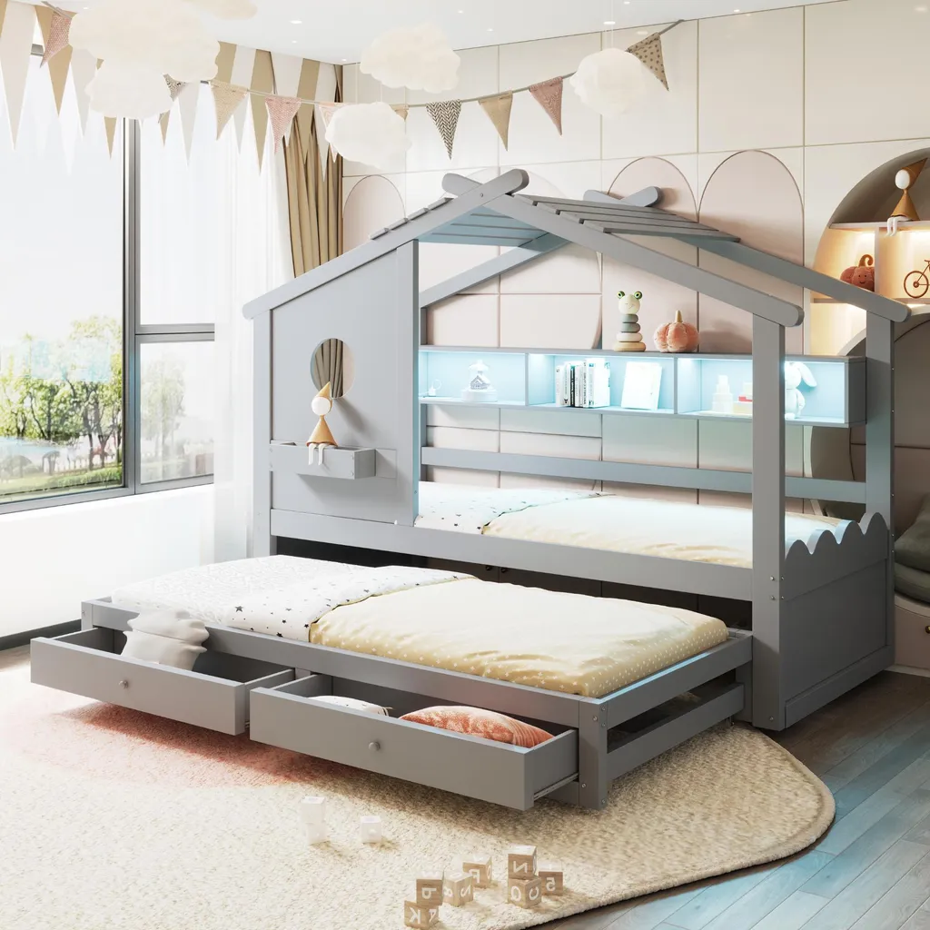 Lit enfant 90x200 avec tiroirs et lit d'appoint, idéal chambre d'amis