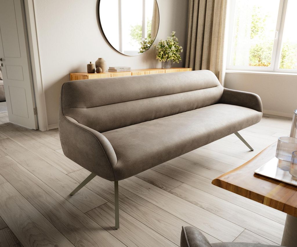 DELIFE Esszimmerbank Taya-Flex 200 cm Mikrofaser Taupe Vintage Kreuzgestell kantig Effektfinish Titan Taschenfederkern