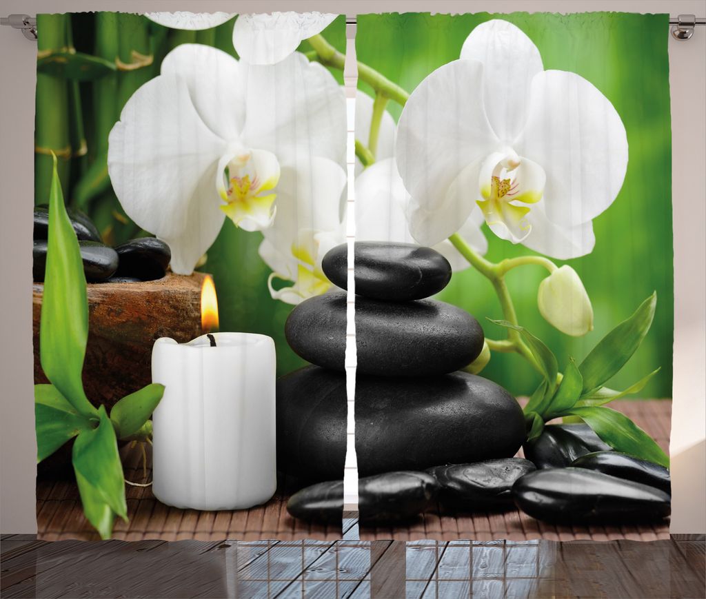 ABAKUHAUS Spa Rustikaler Vorhang, Orchideen Steine Natur, Wohnzimmer Universalband Gardinen mit Schlaufen und Haken, 280 x 175 cm, Schwarz We...