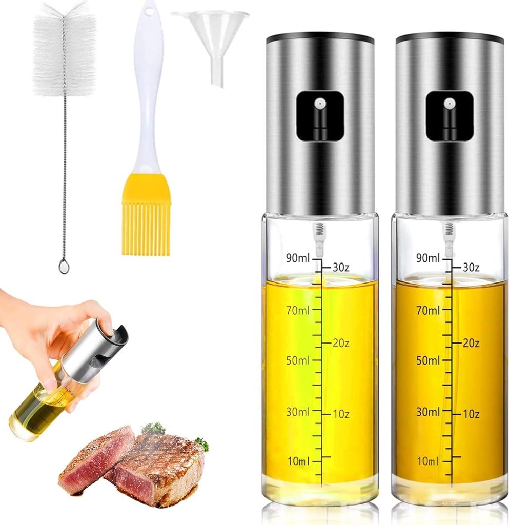 2 Stück Ölsprüher, öl sprühflasche zum kochen ölsprüher für heißluftfritteuse, sprühflasche öl mit 100 ml Fassungsvermögen (Glas)