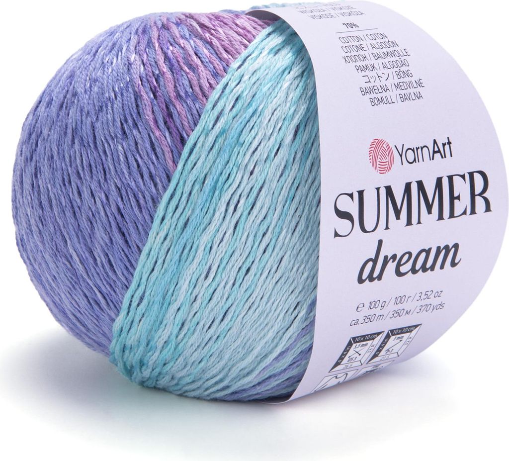 A ball of yarn with a gradient of colors from purple to teal, with a label attached.