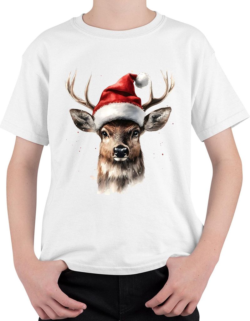 Weihnachtsrentier Geweih Santa Hut Aquarell Weihnachten Geschenk Uni Kinder T-Shirt, Weiß, 104
