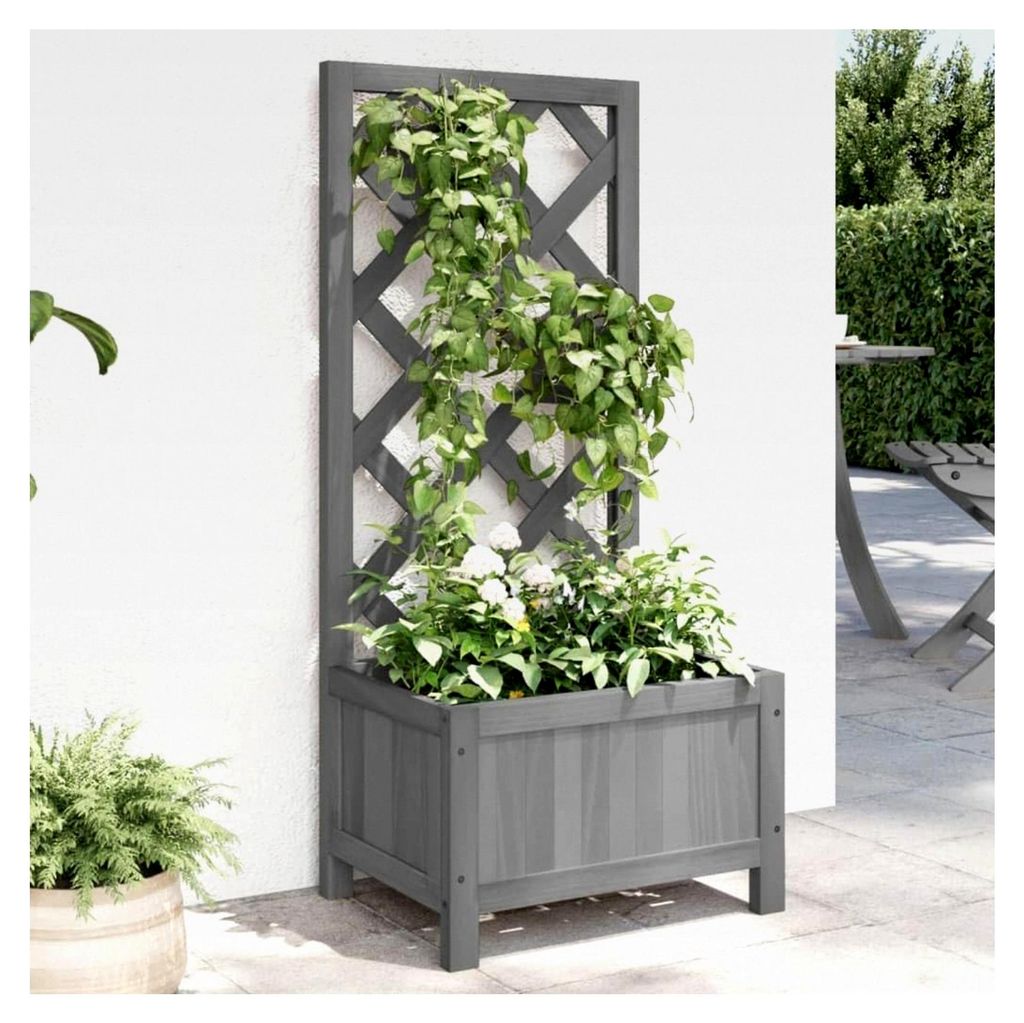 Pflanzkübel mit Spalier aus grauem Tannen-Massivholz für Gemüse, Kräuter, Blumen und Sukkulenten, Gartenbeet Pflanzentrog für Terrasse und Balkon