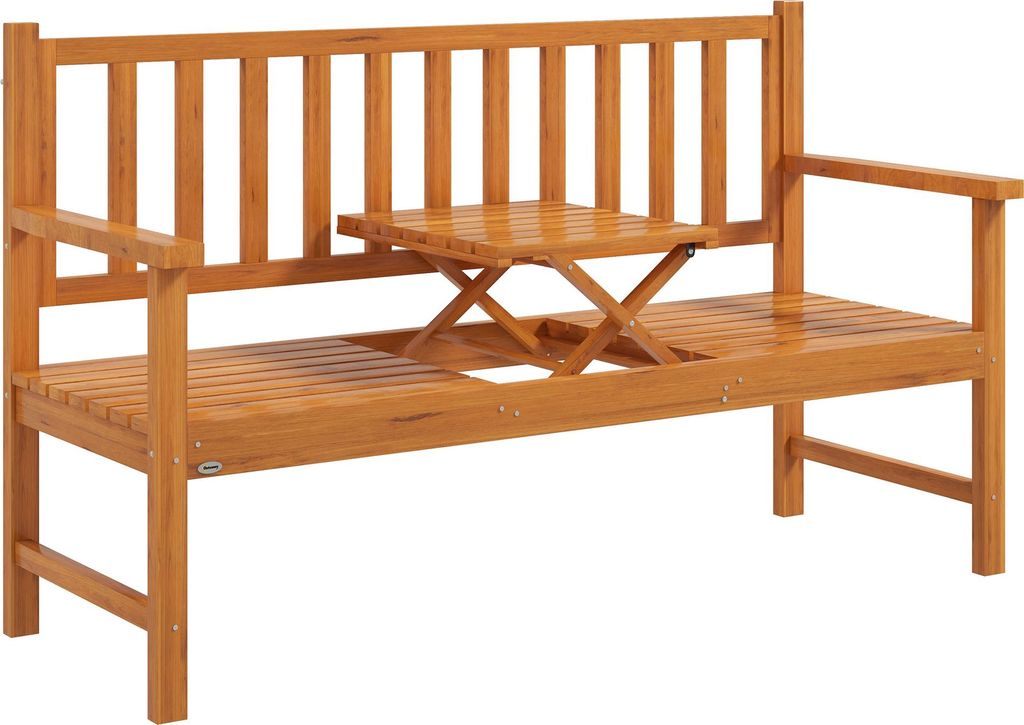 Gartenbank Holzbank Outdoor-Bank, ausklappbarer Tisch, wetterbeständig, Massivholz, 153 cm x 56 cm x 91 cm, Hellbraun
