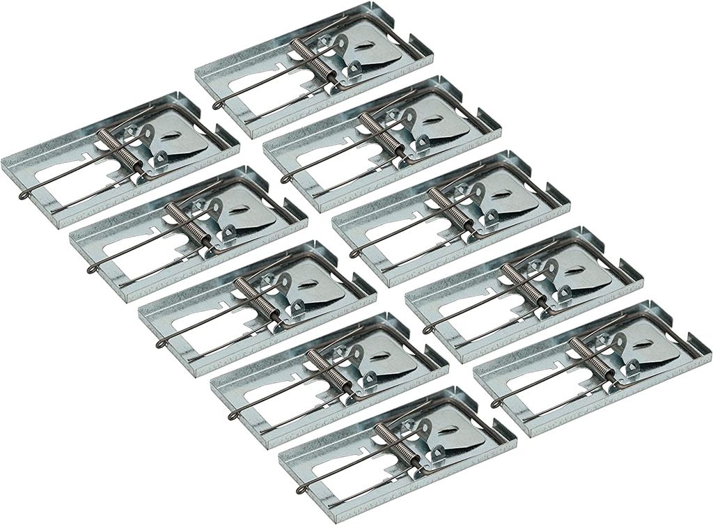 A set of ten metal mouse traps arranged in a grid pattern on a white background.