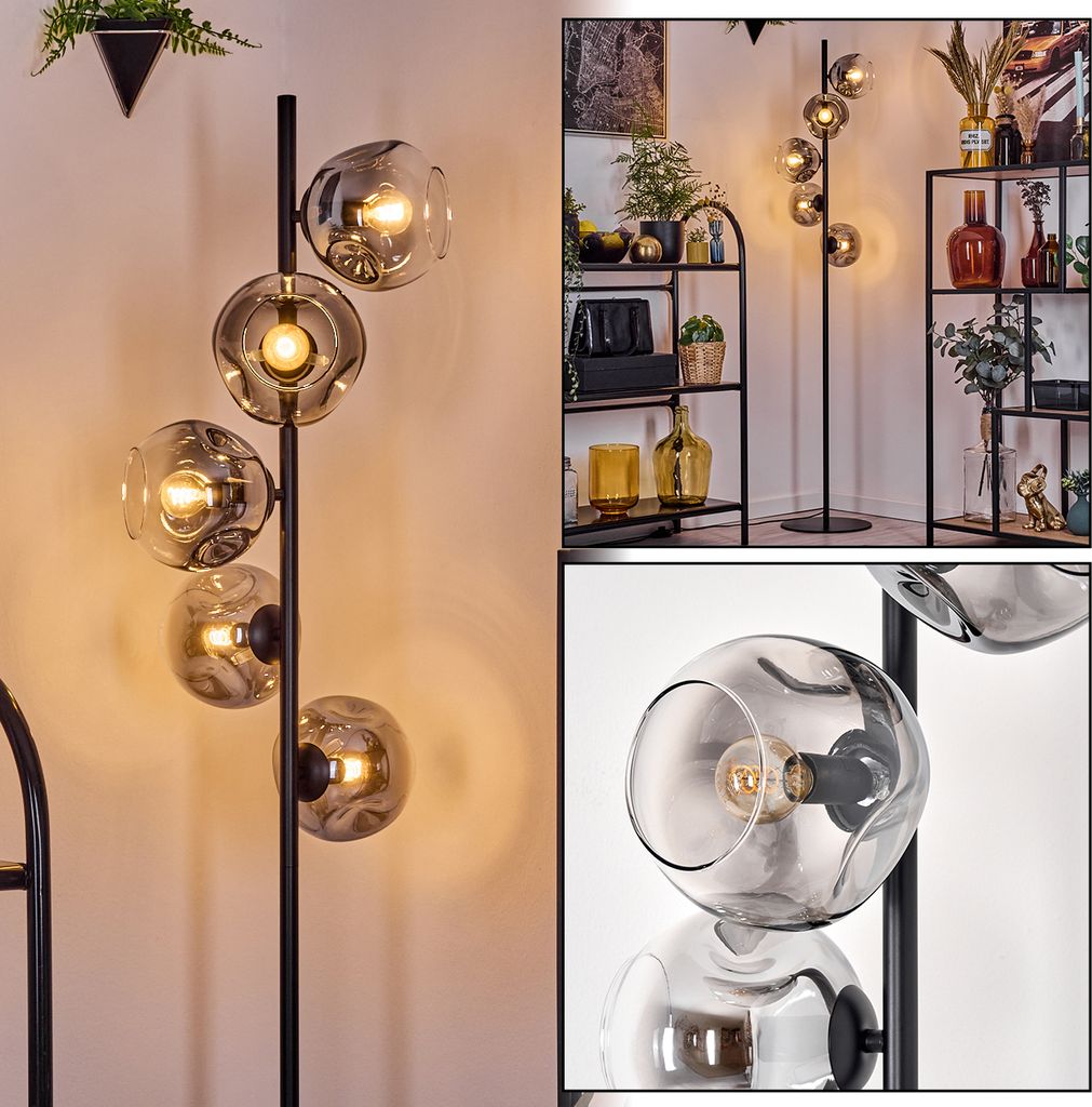 Villamare Stehlampe aus Metall/Glas in Schwarz/Rauch/Klar, Retro/Vintage-Design