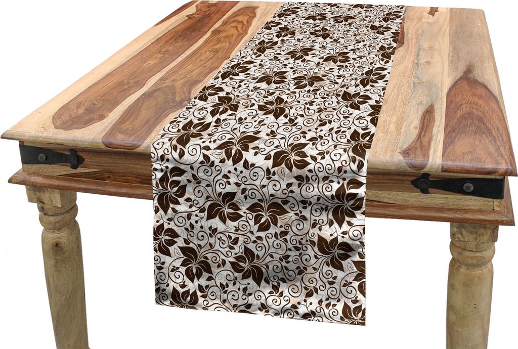 ABAKUHAUS Erdfarben Tischläufer, Brown-Blumen-Blätter, Esszimmer Küche Rechteckiger Dekorativer Tischläufer, 40 x 225 cm, Dunkelbraun Weiß