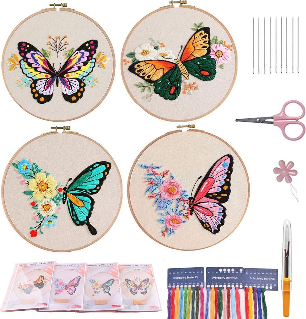 VINTAGE EMBROIDERY Stickset für Anfänger, 4 Sets Schmetterlingsstickerei Starter Kits mit Mustern und Anleitungen Kreuzstich-Kits, Stickerei Kle...